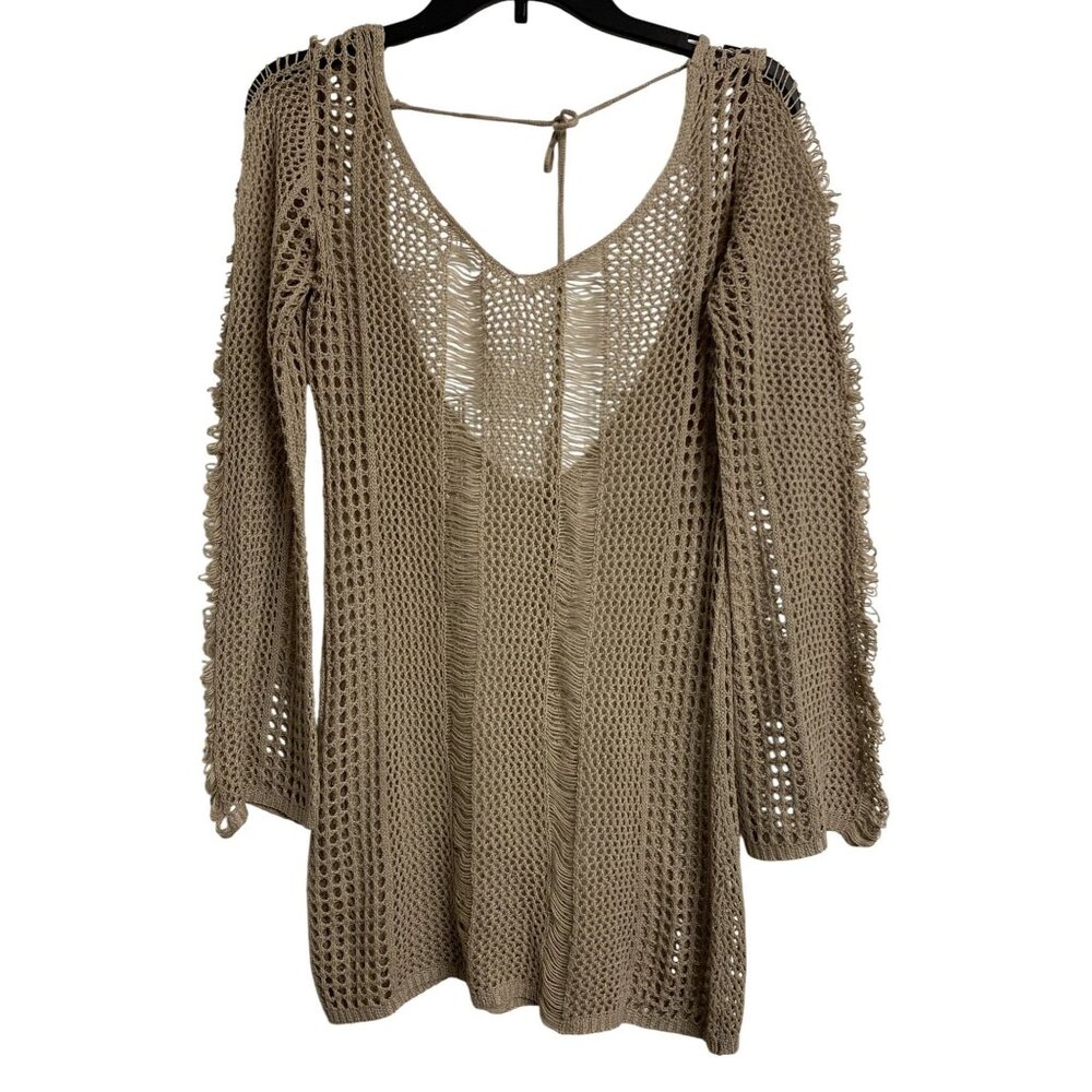 Womens Boho Crochet Sheer Knit‎ Cover-Up Top Tan